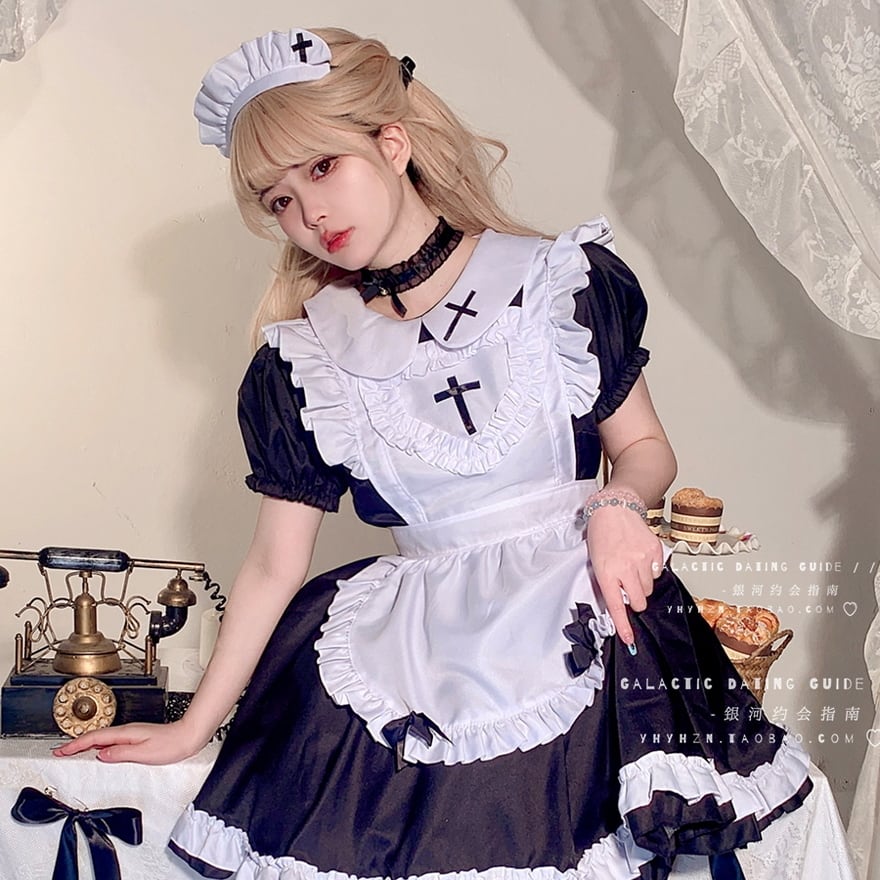 メイド服 フルセット ワンピ エプロン 頭飾り 首飾り コスプレ コン