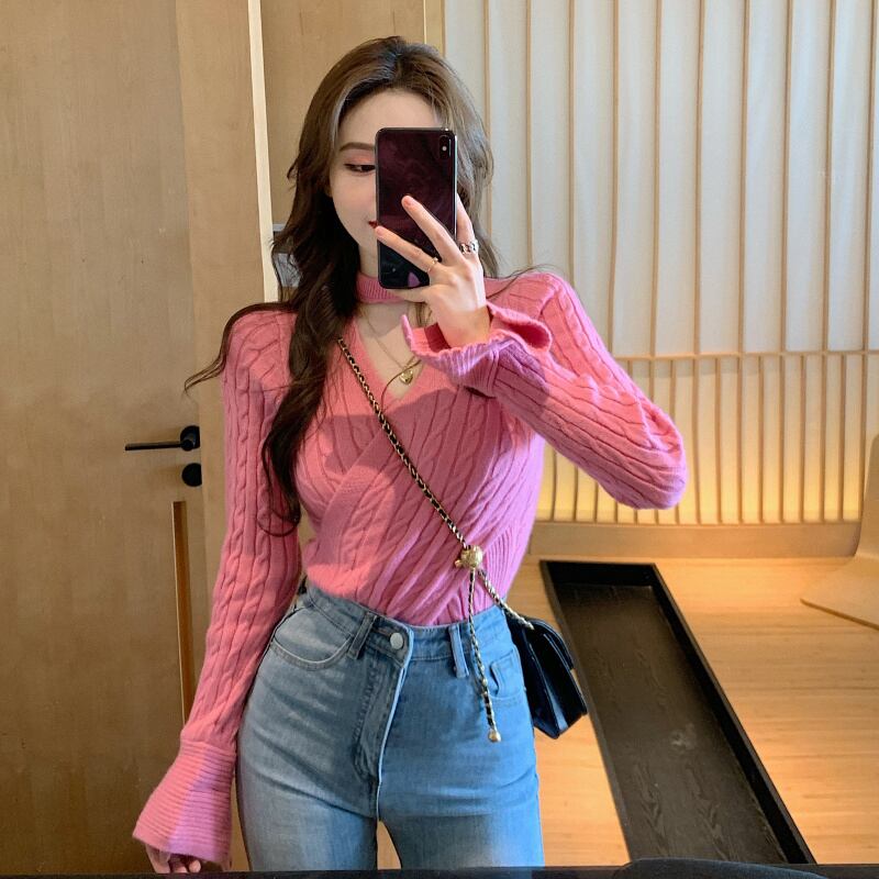 セーター ショートスリムニットトップス スタイルシャツ ピンク オータム 秋物 ウィンター 冬物 ブラックストロベリース33045896981