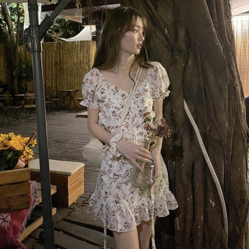 スタンダードVネックスリーブウェストドレス サマーショートフローラルスカート レトロ 夏物 花柄 YY-ファッション93349021503