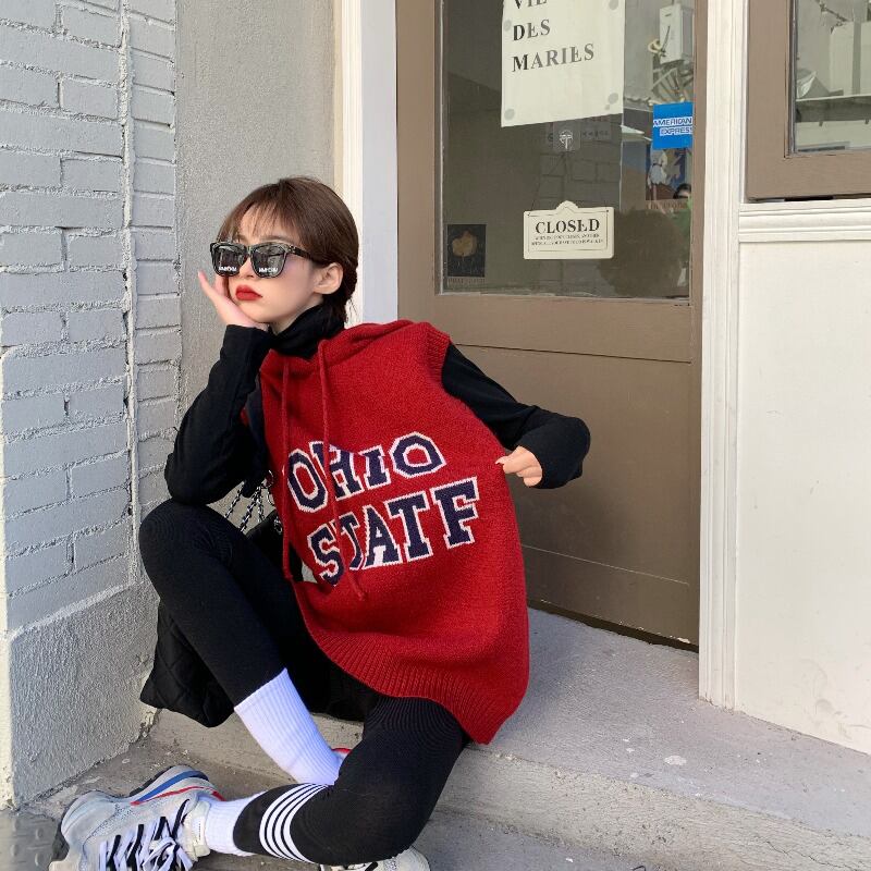 フードニットセーター ジャケット レディースオータムウィンターレッドルーズスタイル 秋物 冬物 ブラックストロベリース35793961143