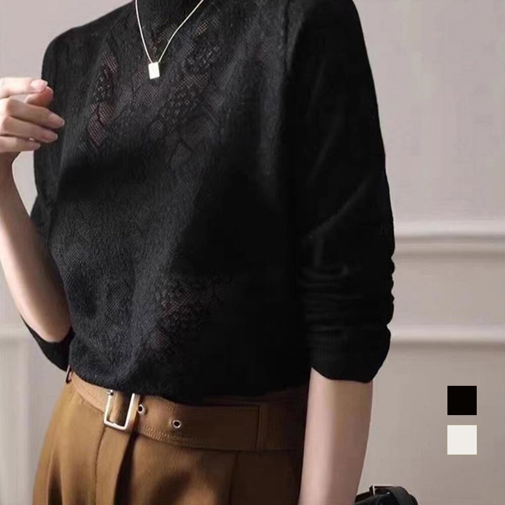 透かし編み ニットブラウス ボトルネック