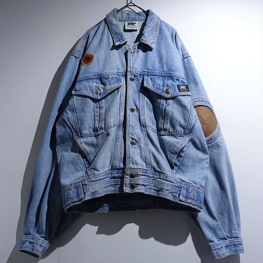90s Blue Denim Multi-Patch Design Trucker Jacket