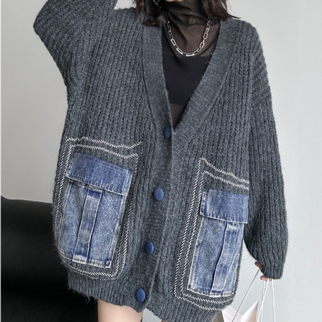 デニムMIX Vネック ニットカーディガン JK0223