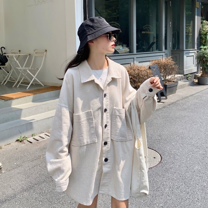 ベージュ コットン ジャケット コーデュロイ襟 トップス アウター シャツ ブルゾン ジャケット 上着 袖あり 長袖 V