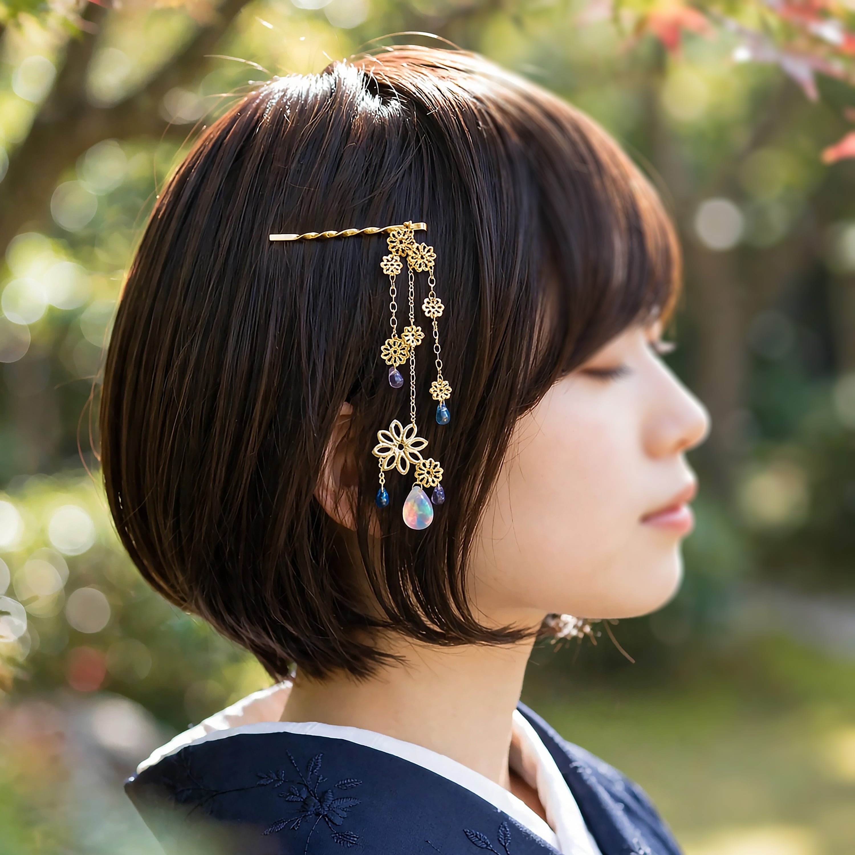 ヘアピン「こんこんと見ゆ」【チェコビーズ】軽量快適・ショートヘアも簡単アレンジ。