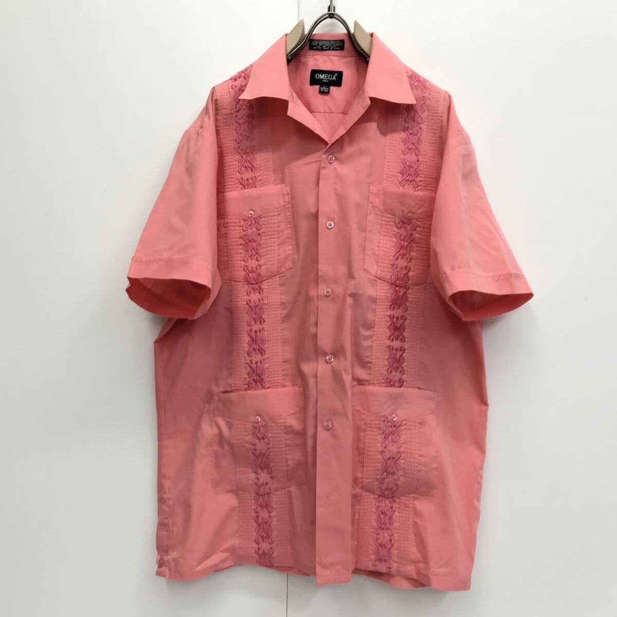 【極希少】キューバシャツ　刺繍　プリーツ　　90s オープンカラーポリシャツ