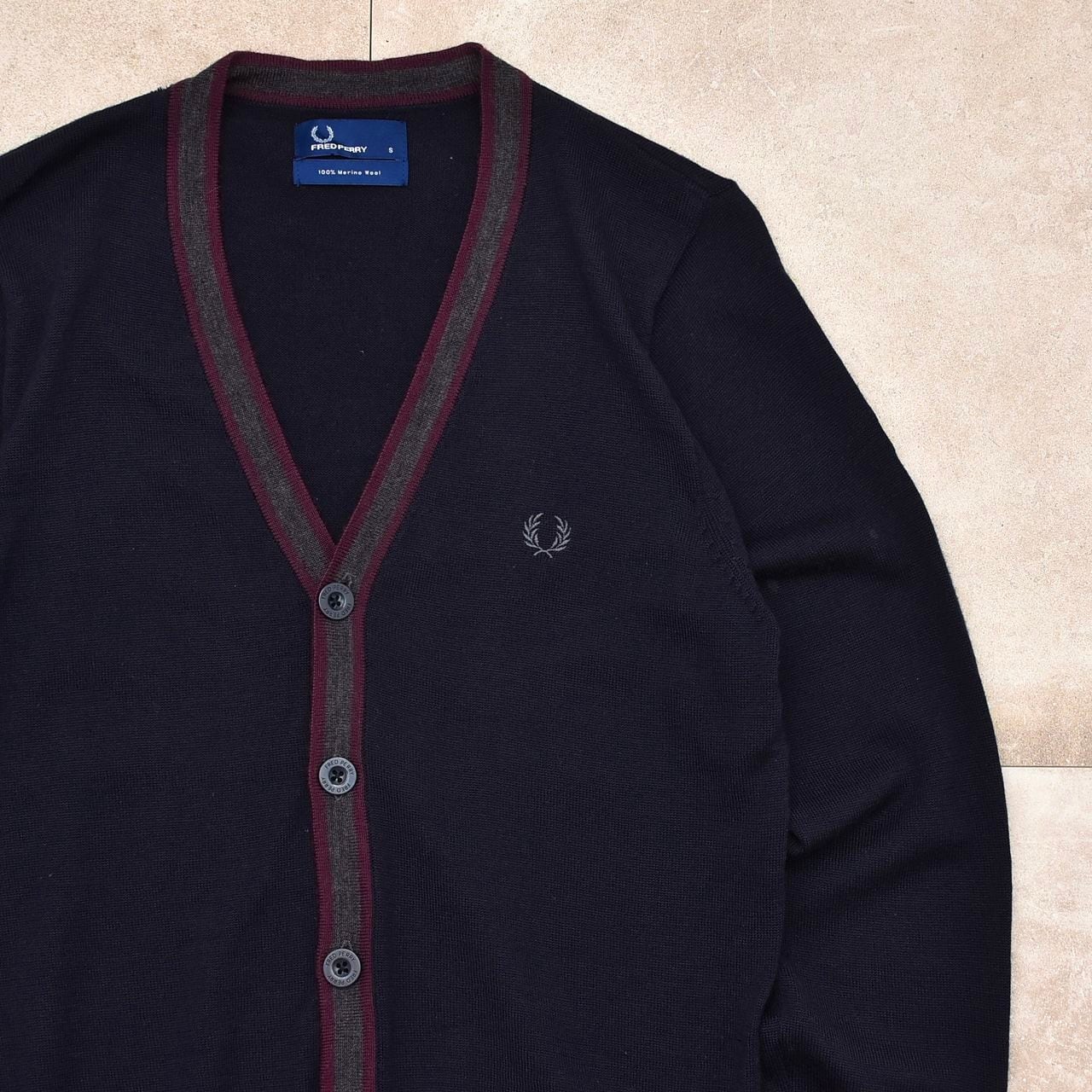 FRED PERRY dark navy merino wool cardigan | 古着屋 grin days