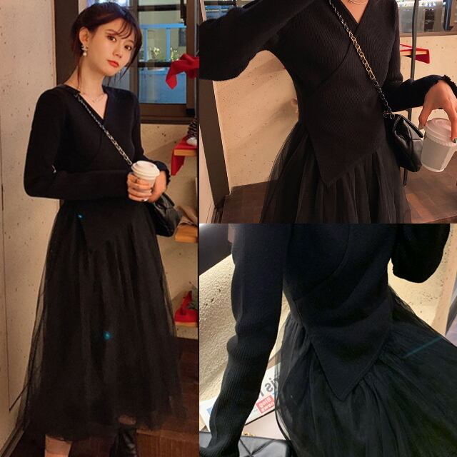 送料無料 ☆ 2カラー ミモレ丈 チュール ドッキング ワンピース