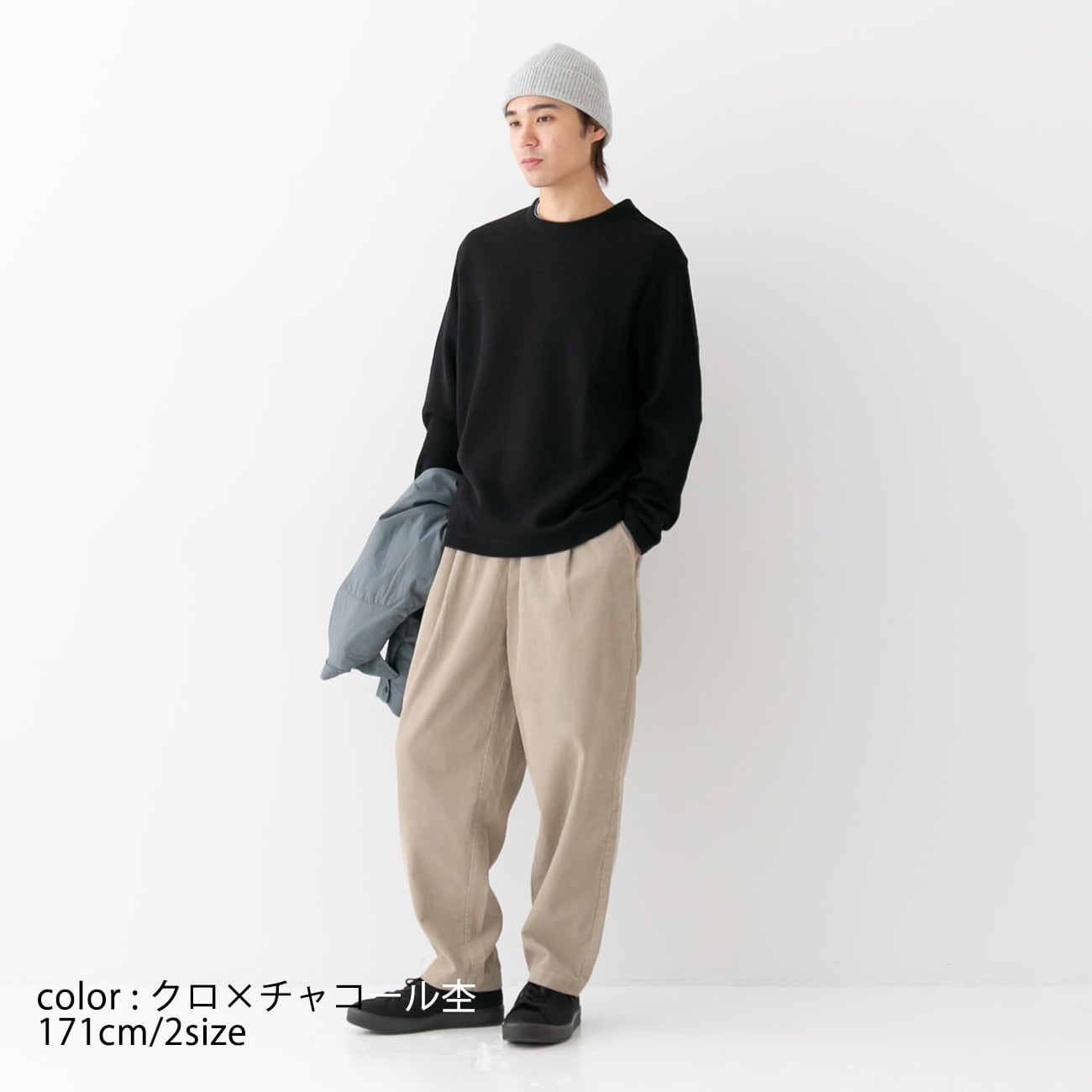 リネン RINEN ウールコットンダブルフェイス クルーネック(R17606)クロ×チャコール杢