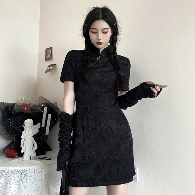 自然派スタイルサマーショートドレス ブラックスカート スタンダードスリム レトロ 夏物 ケッペル74046276967