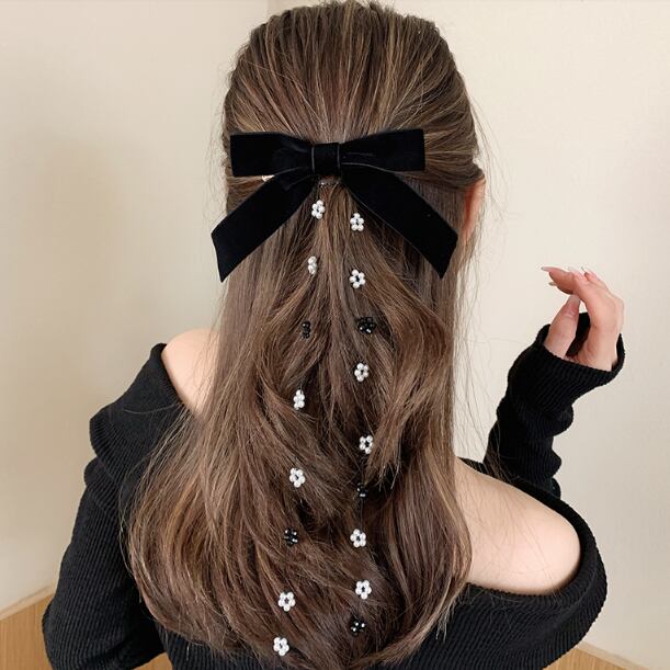 Accessories Ribbon Cute アクセサリー 小物 ヘアアクセサリー バレッタ クリップ リボン ベルベット パール 花柄 フラワー ガーリー 可愛い キュート 華やか おしゃれ 2色展開 ブラック ワイン 大人女子 カジュアル お出かけ デイリー デート ランチ お呼ばれ レディース