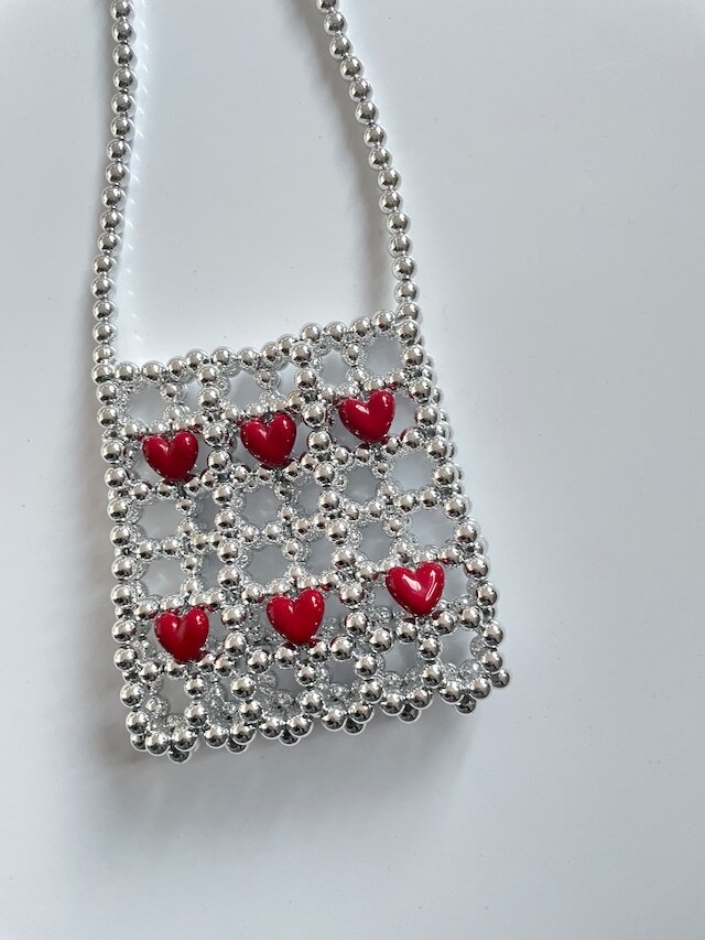 【handmade】beads square bag silverHeart