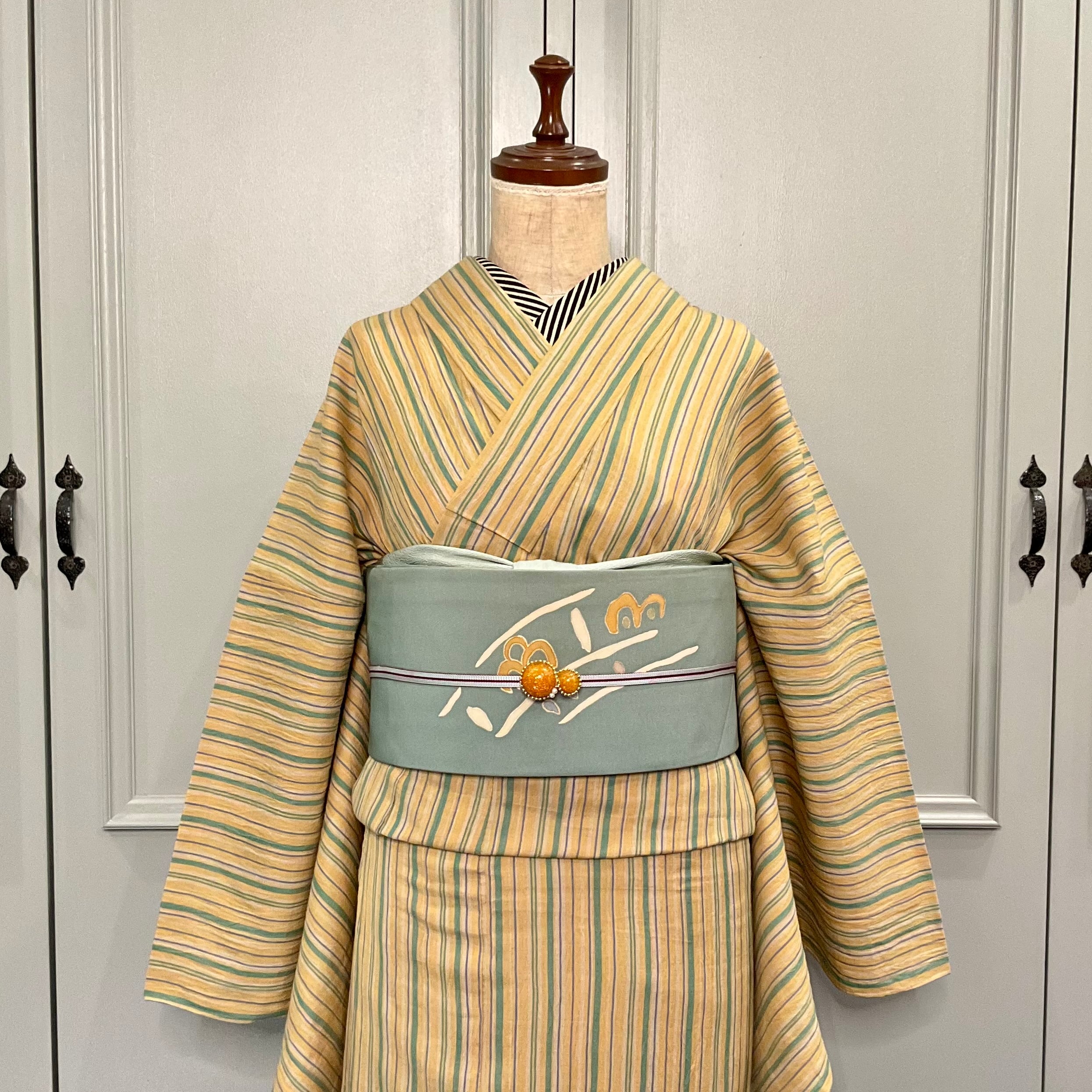 tall＊風のささやき＊単衣 ワイド 身幅広め 綿麻 洗えるきもの 縞