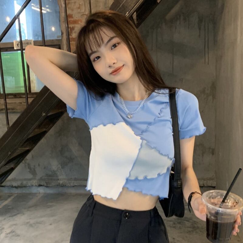 ショートカラーブラウス レディースサマースタイルクロップドストレッチTシャツ エラスティック 伸縮 夏物 ステッチ YY-ファッション99918055119