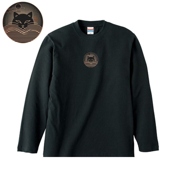 「月夜に浮かぶ猫紋」  ロングTシャツ リブなし/ "Cat Crest Floating in the Moonlight" Long Sleeve T-Shirt, No Rib