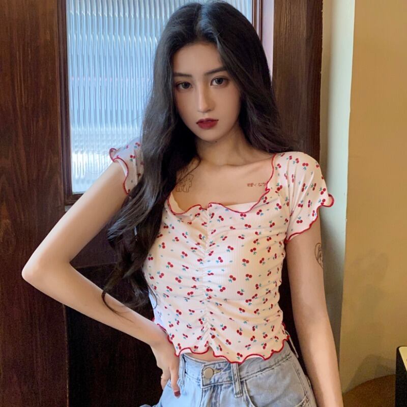 2020年夏の新バージョンのネットレッドスクエアネックセクシーフローラル半袖Tシャツレディースボトミングシャツショートクロップトップ 1号婦人27400874461