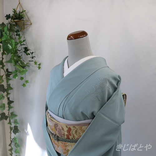 正絹ちりめん　沈香茶に刺繍の付け下げ　袷