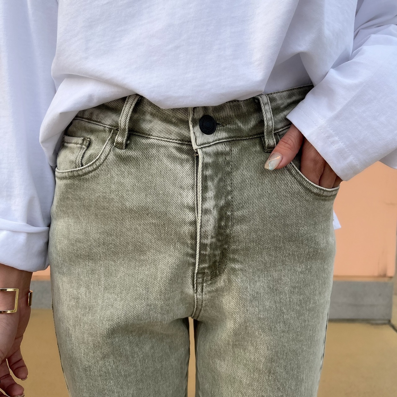 vintagewash.ハイウエストティパードストレッチdenimpt／vintage green
