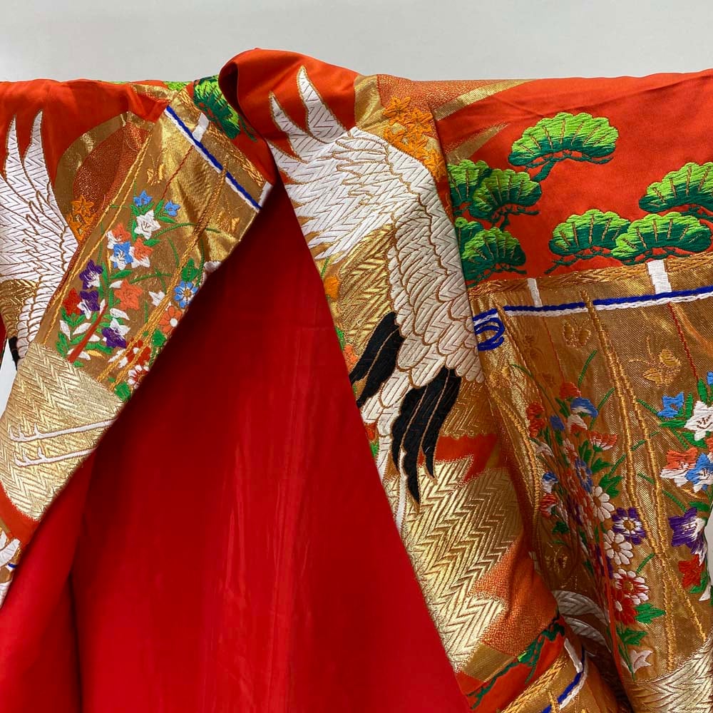色打掛 正絹 松 鶴 刺繍 金 オレンジ 青海波 打掛 花嫁衣裳 婚礼 