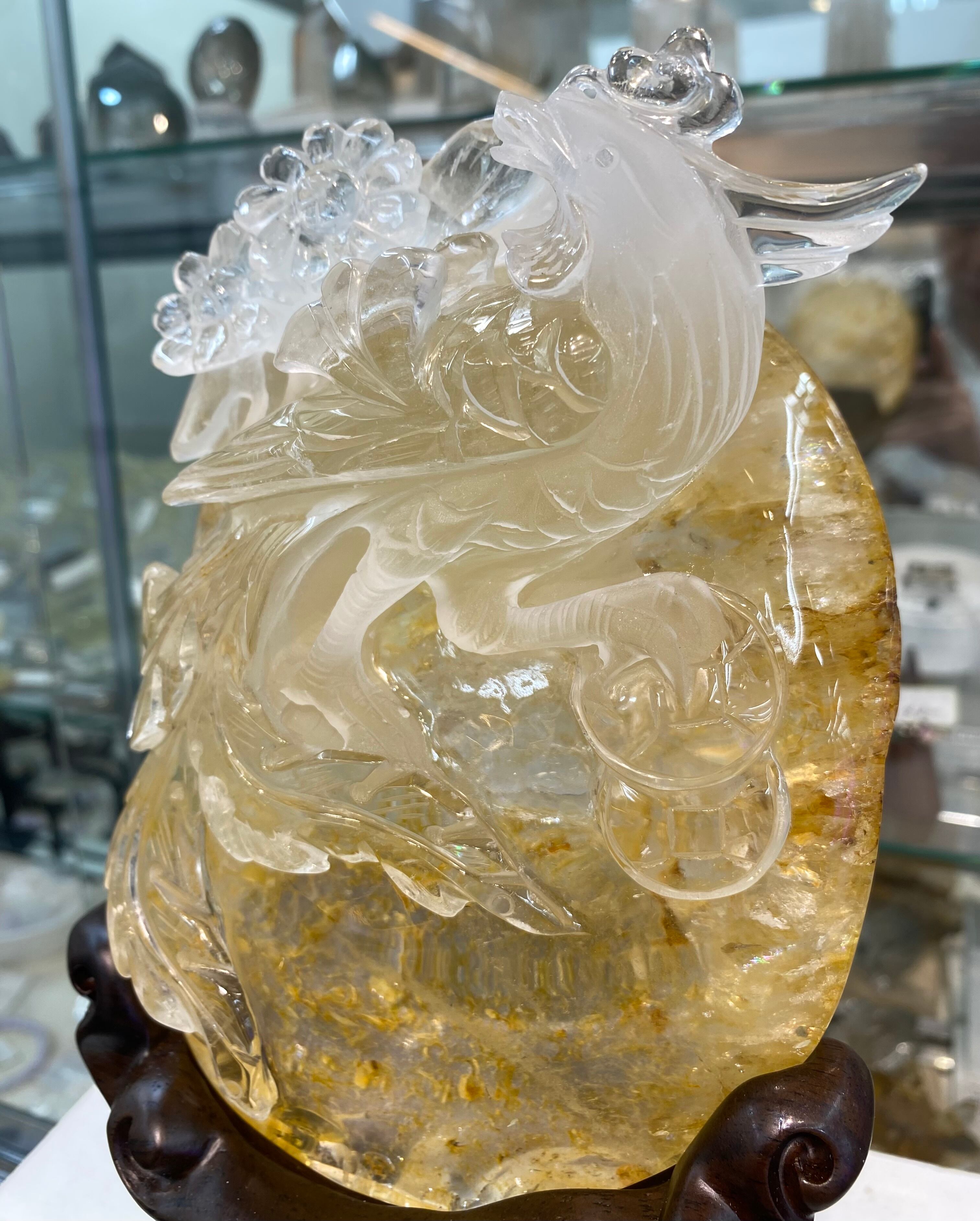 鳳凰　水晶　彫り　置物　⑦ 厳選 水晶鳳凰 透かし彫り水晶鳳凰 虹入り！ライモナイト入り水晶鳳凰