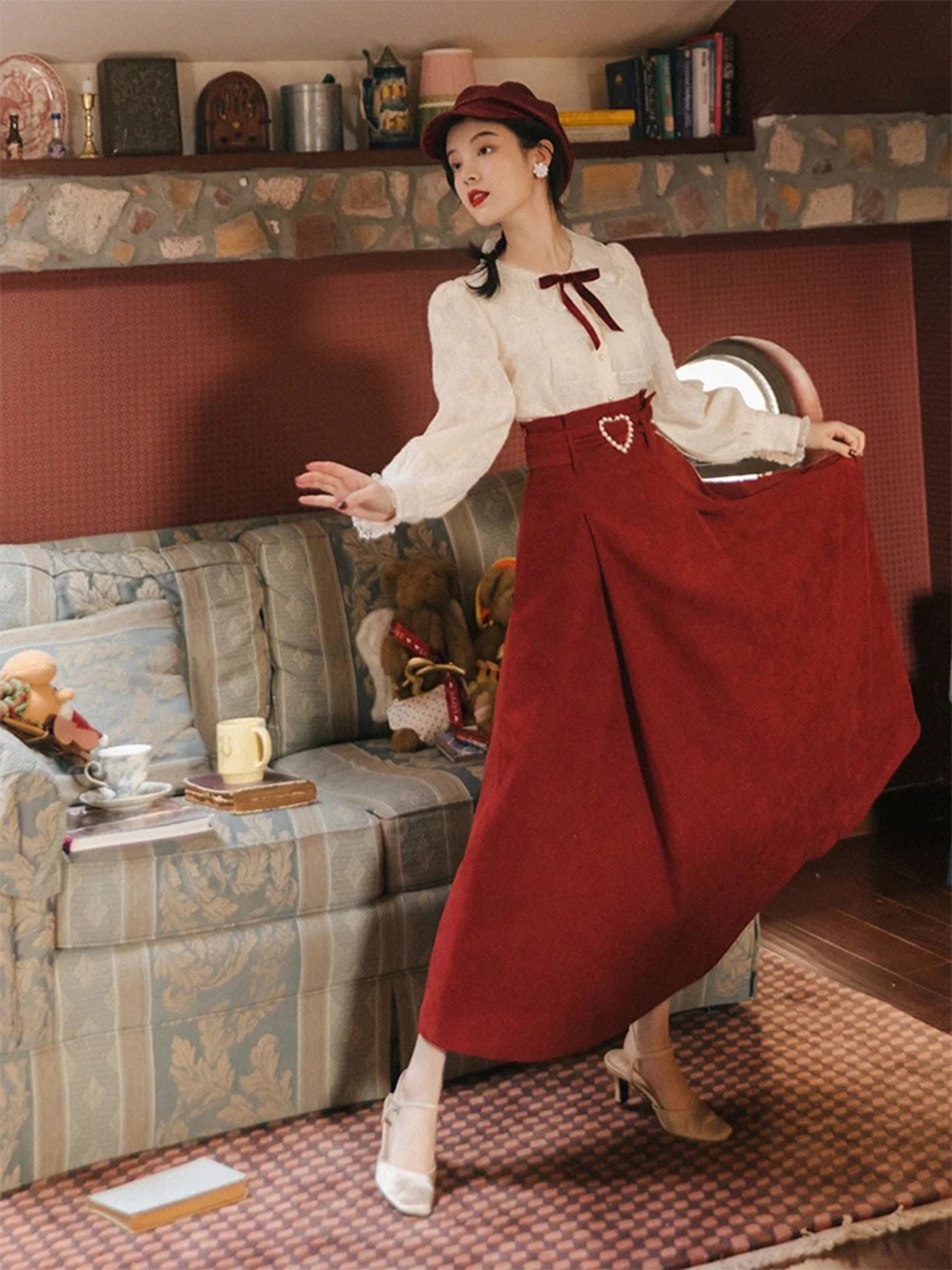 【0210】Heart Skirt Ribbon Long Sleeve 2 Piece Set