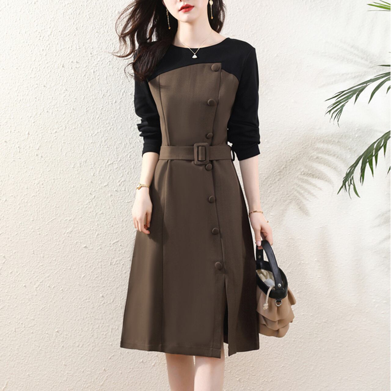 バイカラーAラインワンピース ベルト付き K1039