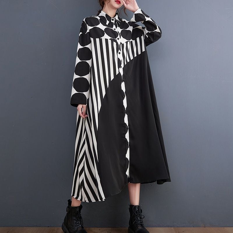 BLACK DOT STITCH A-LINE MIDI SHIRT DRESS 2colors M-18609