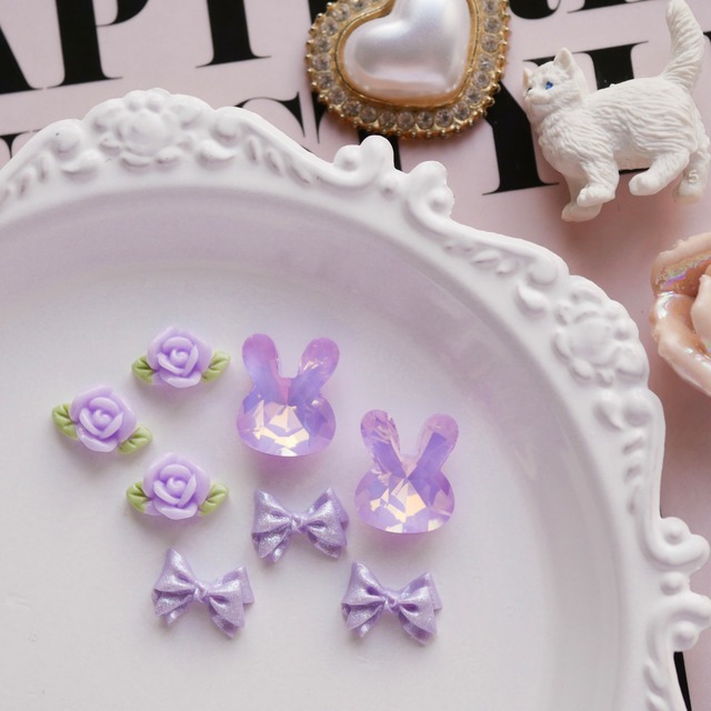 《purple parts SET》うさぎ&リボンローズ・ミニパーツ/ネイルパーツ/3種SET