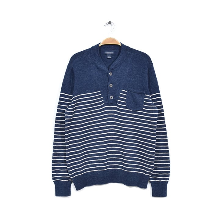 LAND'S END ランズエンド コットンニット ヘンリーネック ボーダー柄 マリーン セーター アンカーマーク メンズM 古着 @CH0958