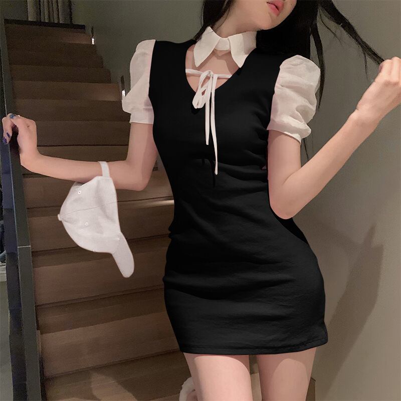 【新作】【送料無料】 女性用フェイクツーピースドレス、サマーデザイン、ニッチ、スイート、スリム、セクシーなヒップハグショートスカート、パフスリーブスカート、トレンディ 0262211306962