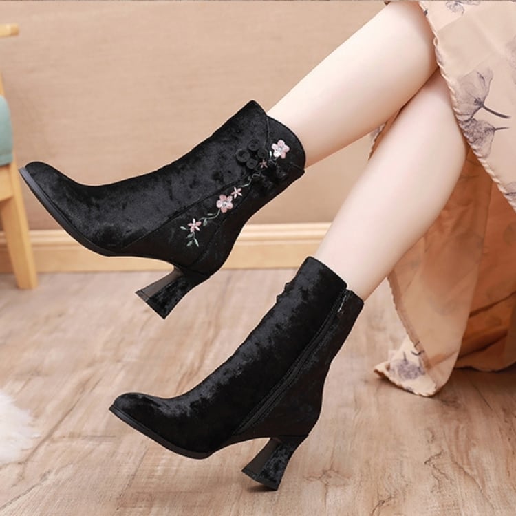 刺繍×チャイナボタン　ベルベットショートブーツ　2カラー　YS00108