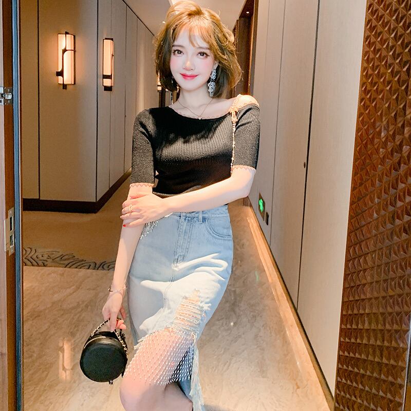 スリムストラップレスニットトップス メッシュスカート セット スプリング 春物 サマー 夏物 MIUCO43053837229