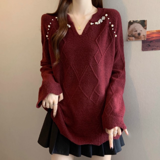 【送料無料】 セーター3色 キラキラ ビジュー トップス 30代 40代 女性用 レディース ママ ロング丈 ゆったり 長袖 Vネック Aライン フレア プルオーバー ニット 厚手生地 防寒 あったか 温かい 無地 かわいい 大人可愛い 大人女子 こなれ感 シンプル カジュアル 大人 上品 おしゃれ お洒落 ラフ コンサバ シック デート お出かけ お茶会 女子会 休日 授業参観 冬 着回し プチプライス カラバリ デイリーユース 普段使い ファッション コーデ スタイル 楽ちん 着痩せ 垢抜け