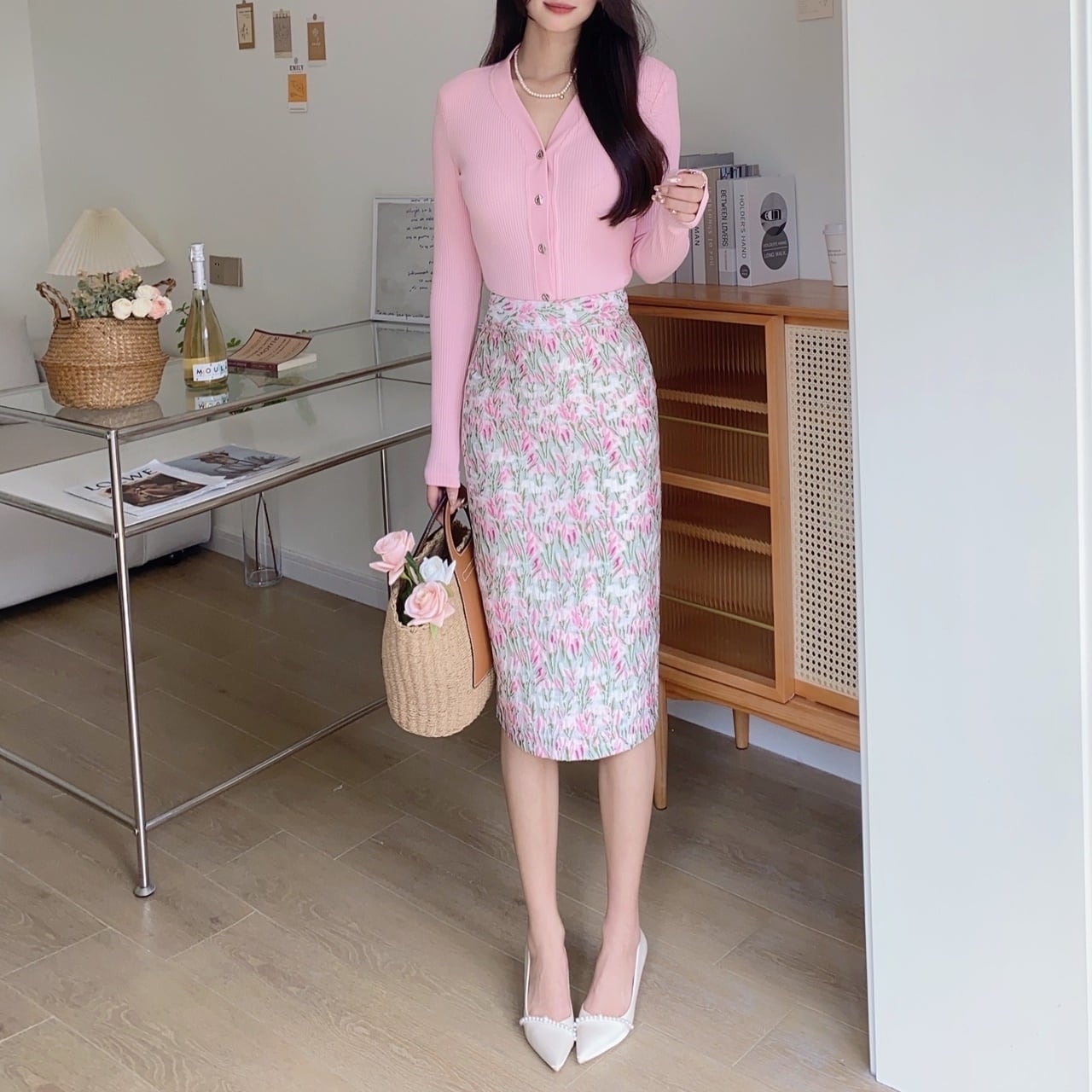 花柄3/4袖タイトフィットトップス　スカート付 花柄タイトスカート 花柄3/4袖タイトフィットトップス スカート付 楽天