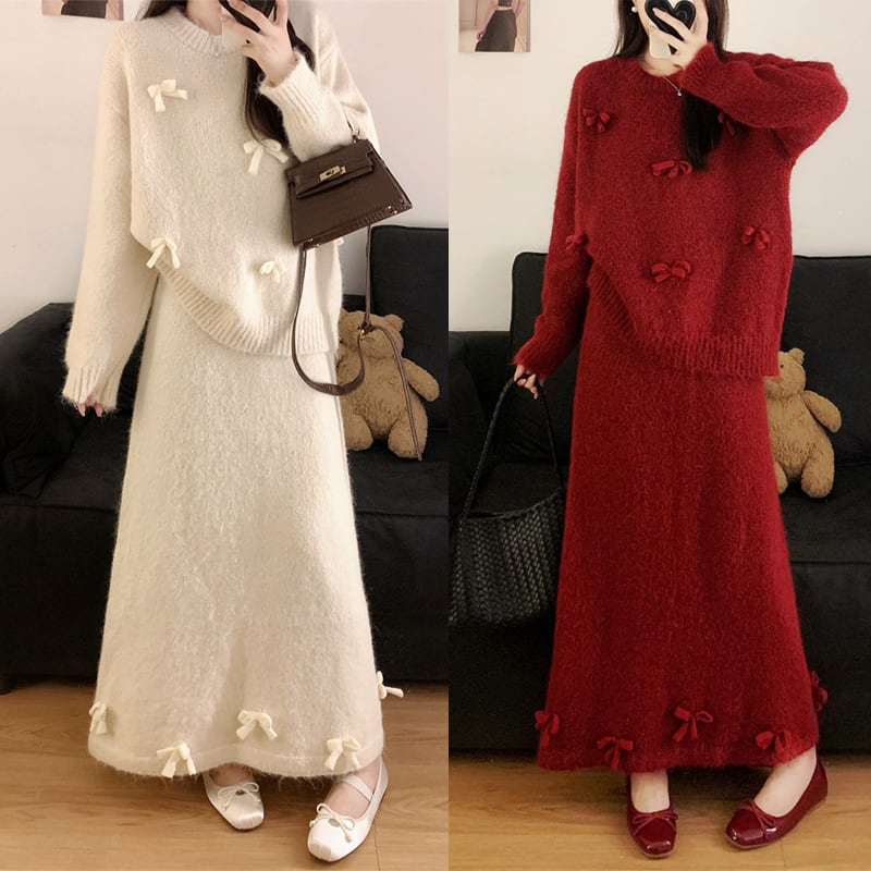 【set】リボン付きニットトップス×ロングスカートセット Q7677