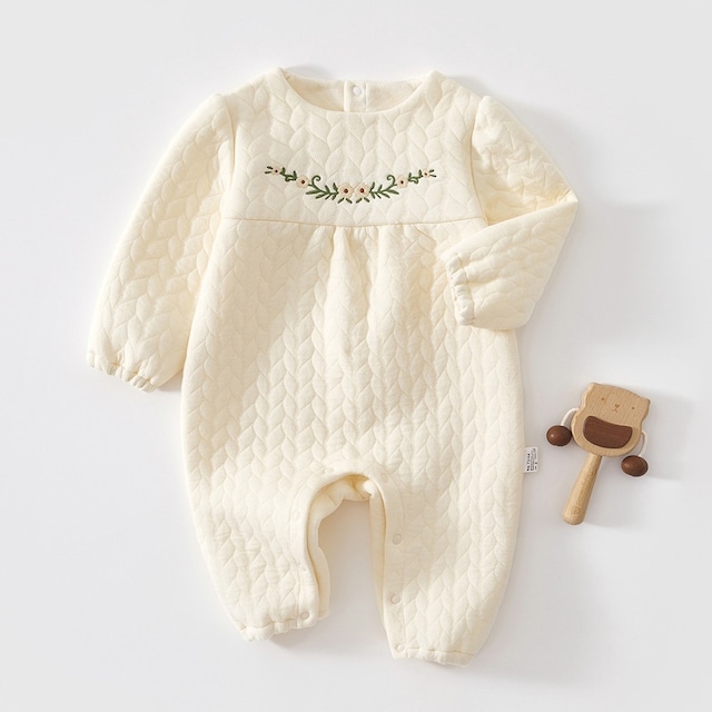 【BABY】フラワー刺繡暖かいロンパース