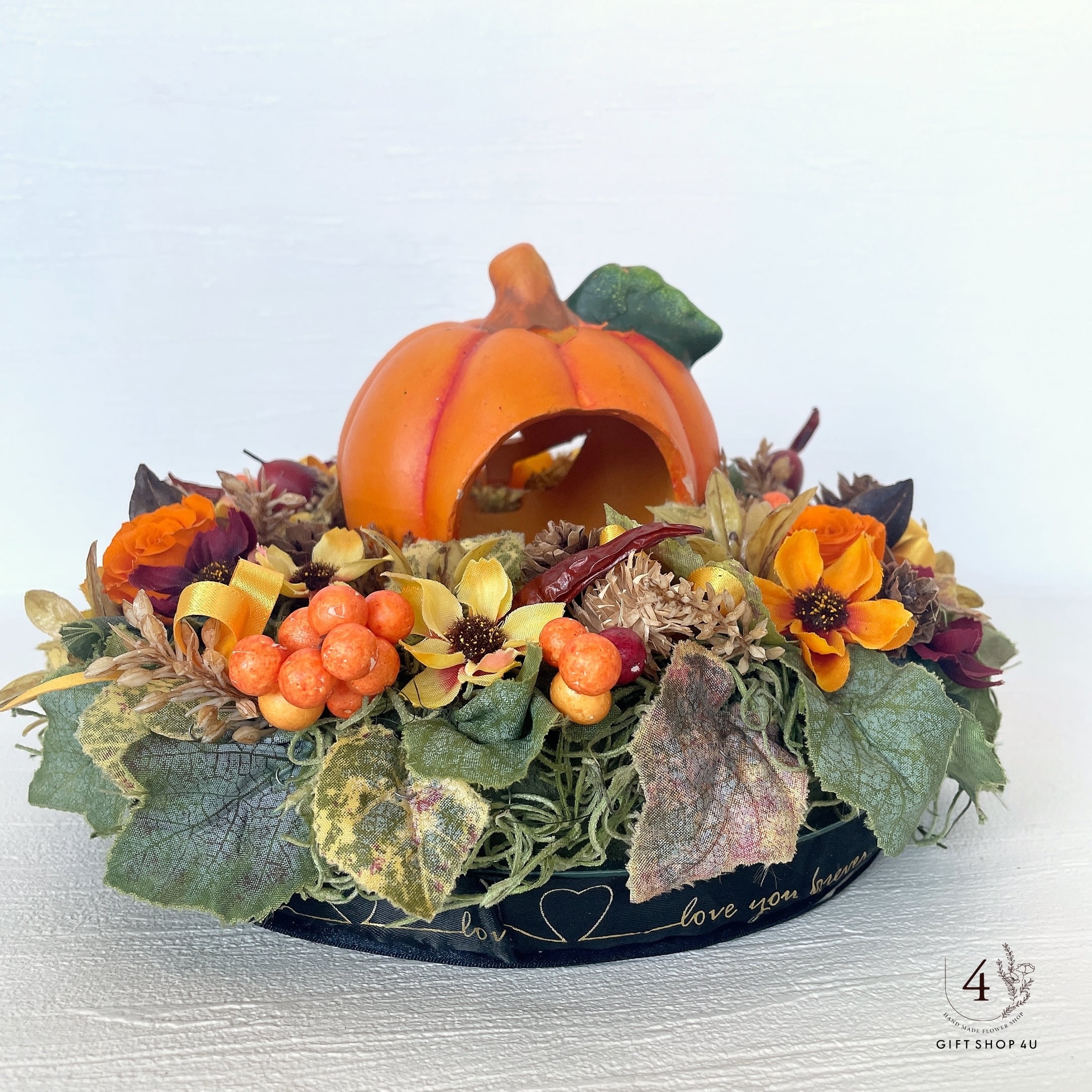 フラワーリース　ハロウィンリース　ハロウィンアレンジ ハロウィン アレンジ ワイヤーリング オレンジのバラ ワイヤーリース