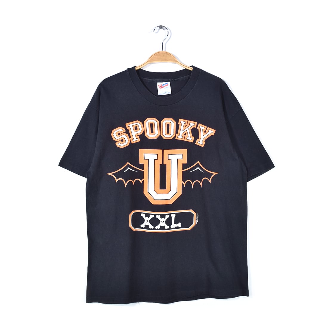 90s SPOOKY U ヴィンテージTシャツ コウモリ スカル ハロウィーン ブラック HANES ヘビーコットン 袖裾シングル メンズXL 古着 @BZ0349