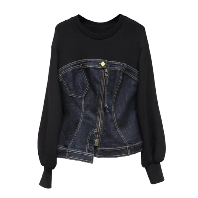 Denim combi front zipper tops V1423 | ViCHIC.