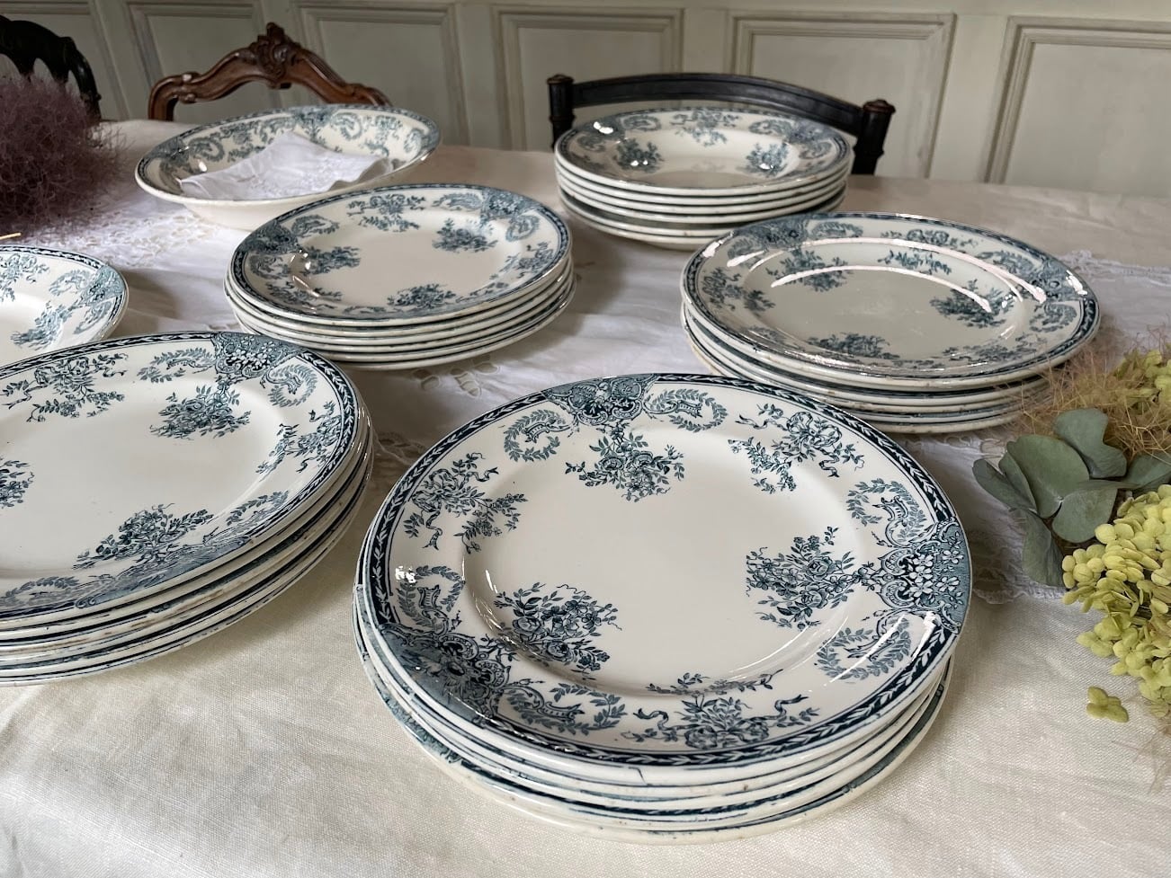 V-215】鳥とリボン Longwy 『Fontainebleau 』 ロンウィ 平皿 ディナー