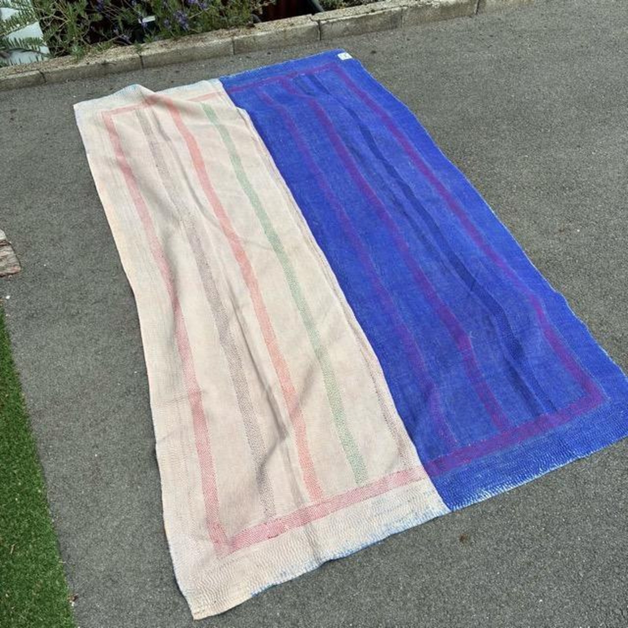 インド　ヴィンテージラリーキルト　24000-4　130×210cm　カンタ　ベッドカバー　ソファカバー　マルチカバー　ハンドメイド　１点もの　ブルー　グリーン