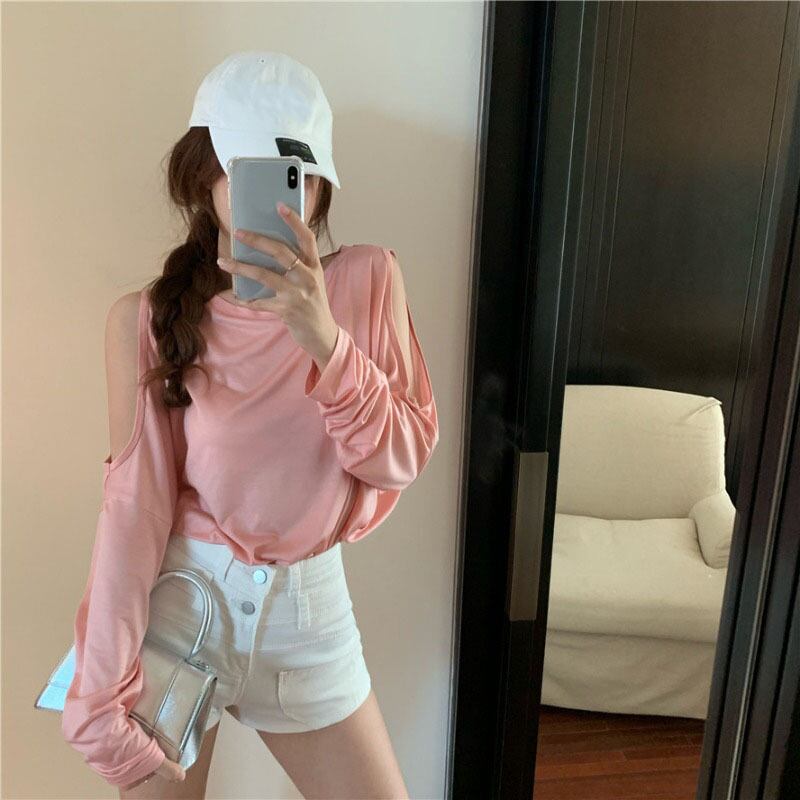 ピンクラウンドネック長袖Tシャツレディースバージョンインスタイド2020夏の新ミドル丈ルーズタイドブランドトップ ブラックストロベリース87735879309