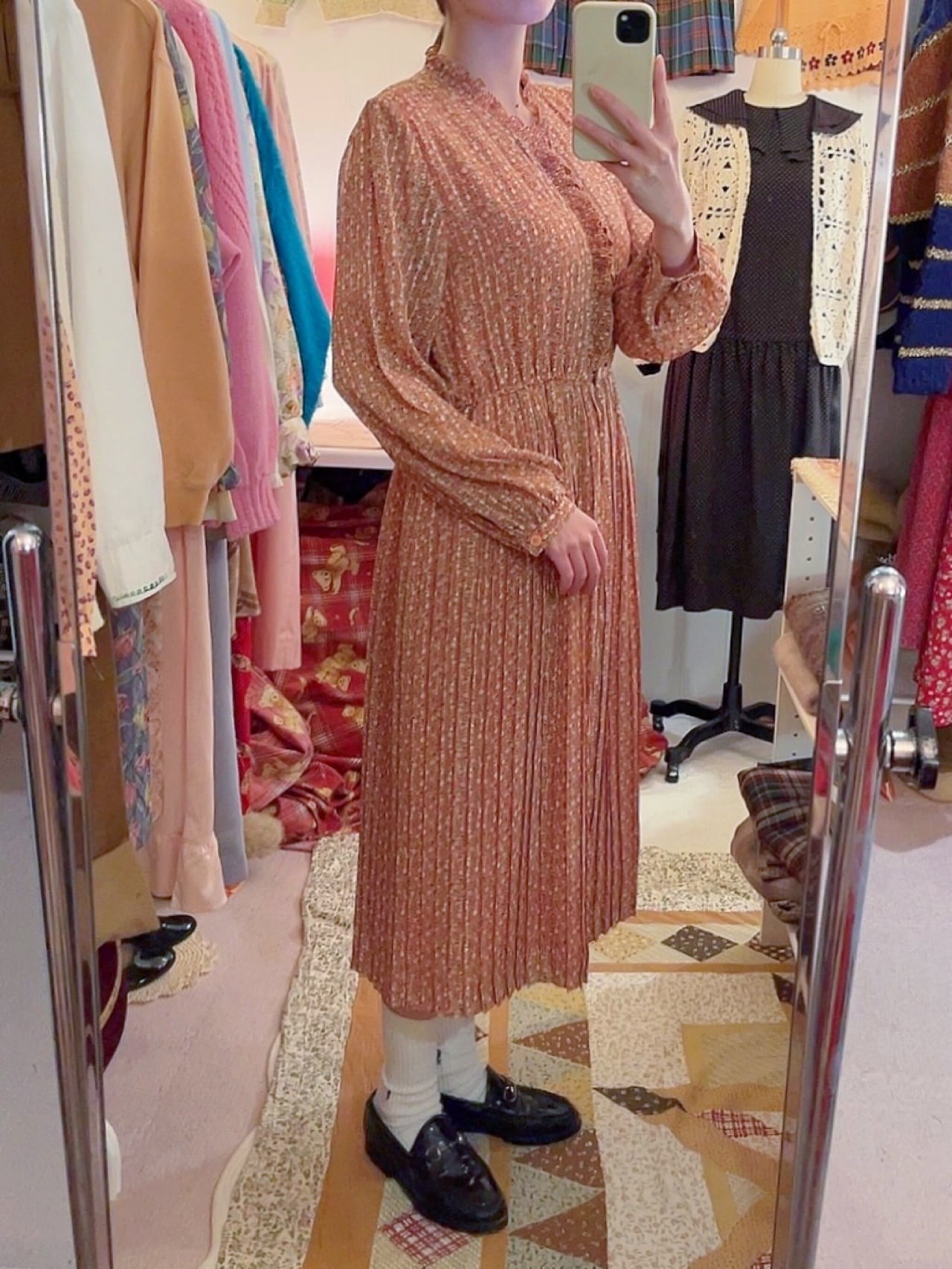 orange mini flower pleats one-piece