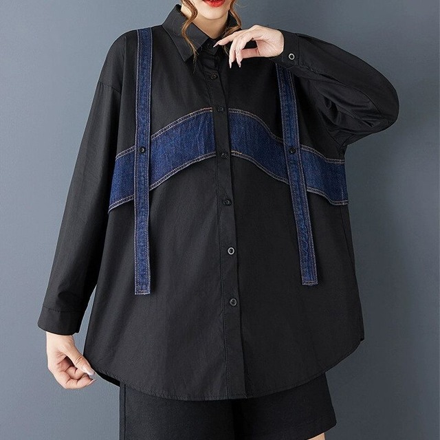 DENIM LINE STITCHED BLACK LONG SLEEVES SHIRT 1color M-15193
