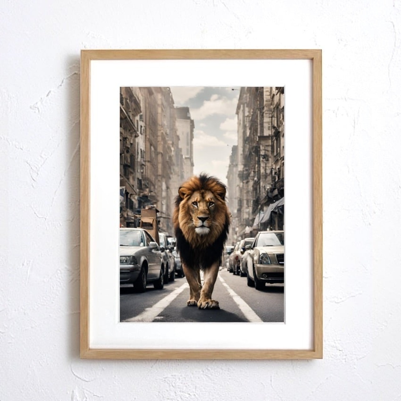 Lion Trip｜都会を旅するライオンのユニークアートポスター｜木製額縁付き・国内生産A2ポスター