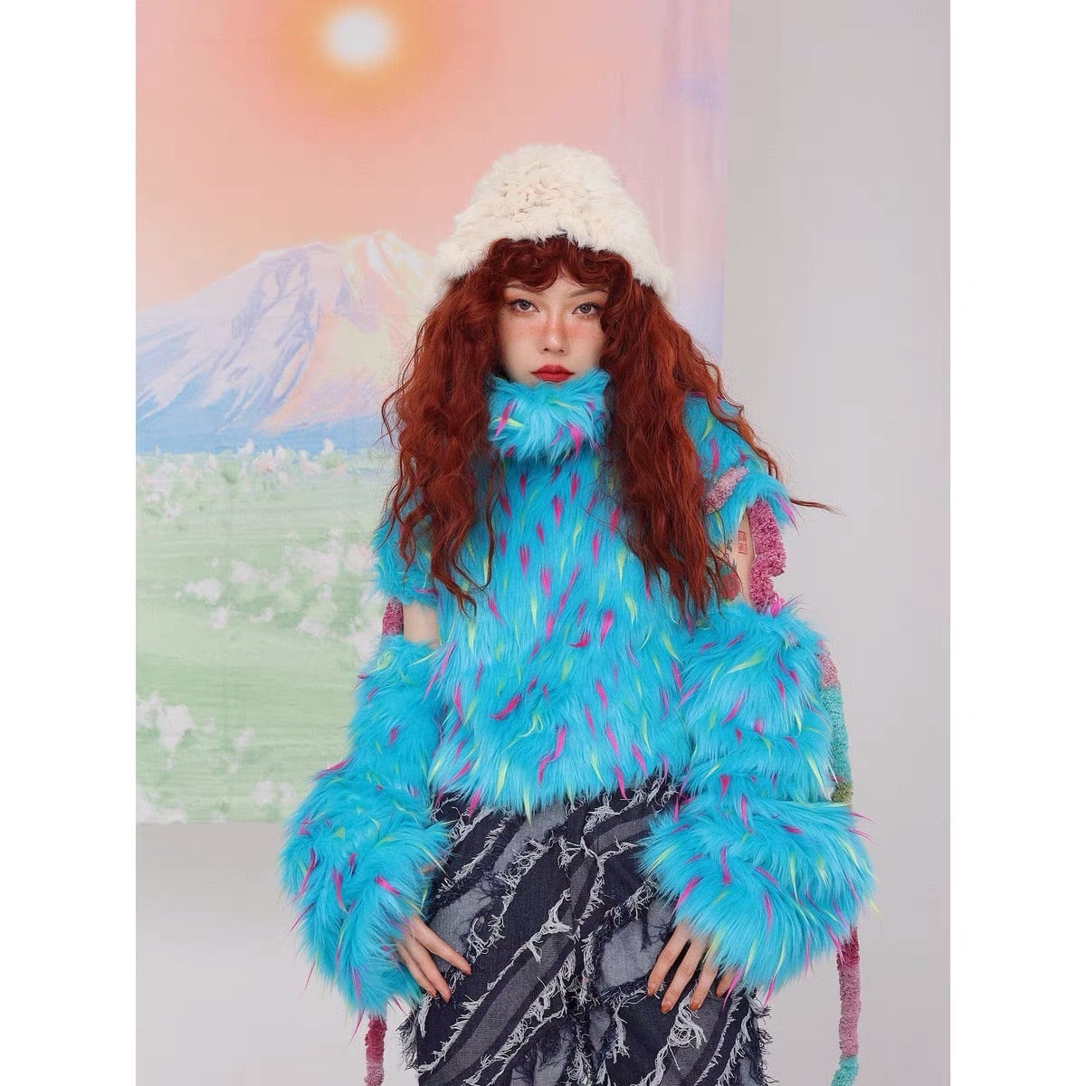 コート トレーナー スウェット ファー アームウォーマー 蛍光 水色