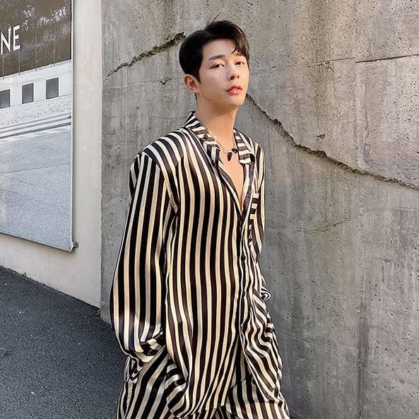 予約販売】メンズ セットアップ 上下 パンツ 長袖シャツ ストライプ柄