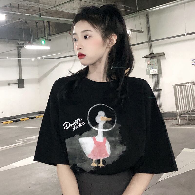 ブラックTシャツ サマーレッドスタイルルーズ 夏物 試着室38528003279