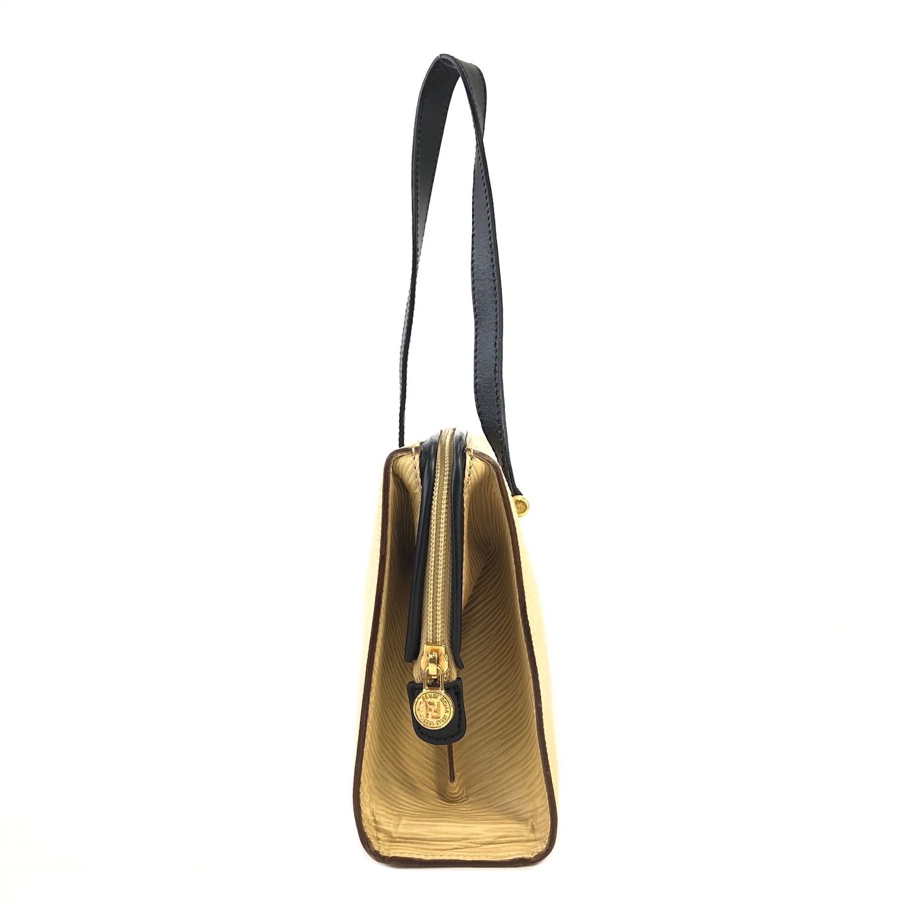 FENDI フェンディ FFロゴ エピ レザー ハンドバッグ ベージュ vintage