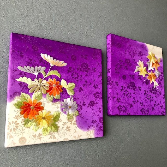 着物のファブリックパネル　鮮やかな紫に菊花と紅葉（2枚セット）　着物リメイク　インテリア　正月飾り